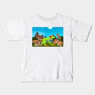 Cute Frog In A Mushroom Garden - 3D Animated y2k 2000s Computer Look Kids T-Shirt